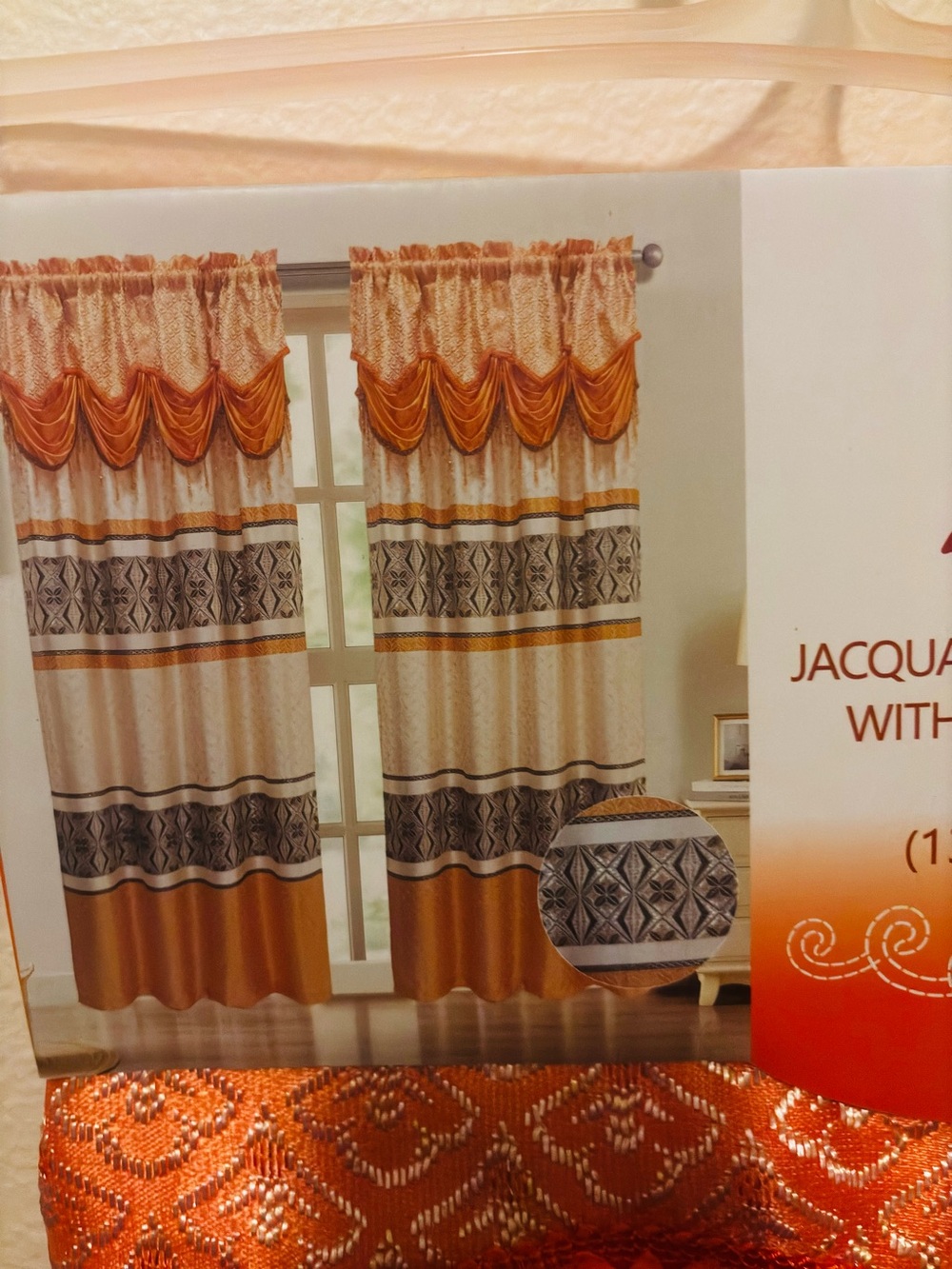 Orange and Cream Jacquard Window set Curtain Panels